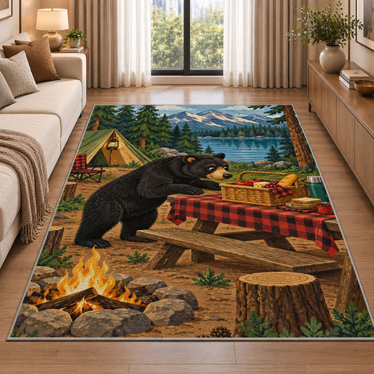 Black Bear Campsite Picnic rug in a bright living room with a sofa