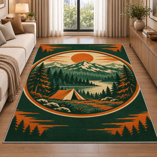 Vintage Camping Badge rug in a bright living room with a sofa