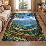 Hammock Between Pines rug in a bright living room with a sofa