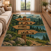 Camping Trail Signpost rug in a bright living room with a sofa
