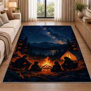 Family Campfire Under the Stars rug in a bright living room with a sofa