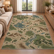 Topographic Trail Map rug in a bright living room with a sofa