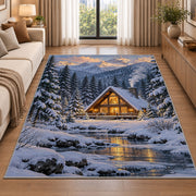 A-Frame Cabin in Snowy Pines rug in a bright living room with a sofa