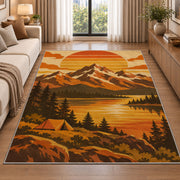 Retro 70s Mountain Sunset rug in a bright living room with a sofa