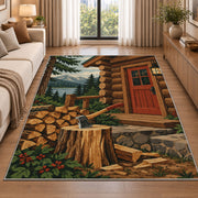 Firewood and Axe by Cabin rug in a bright living room with a sofa