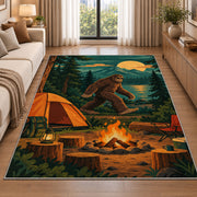 Bigfoot Campsite rug in a bright living room with a sofa