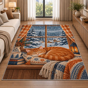 Orange Cat Snowy Window rug in a bright living room with a sofa