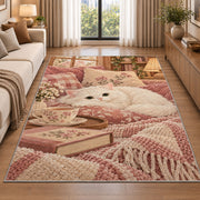 White Cat and Tea rug in a bright living room with a sofa