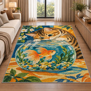 Tabby Cat and Goldfish rug in a bright living room with a sofa