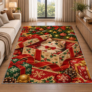 Kitten in Christmas Gift rug in a bright living room with a sofa