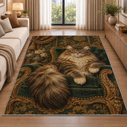 Maine Coon on Velvet Chair rug in a bright living room with a sofa