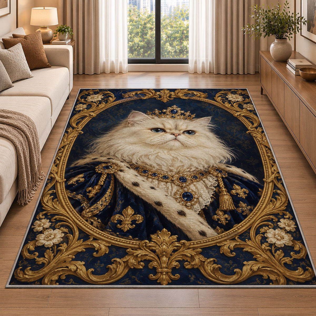 Royal Persian Cat Portrait rug in a bright living room with a sofa