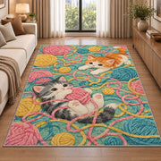 Kittens Tangled in Yarn rug in a bright living room with a sofa