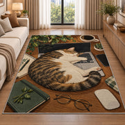 Cat Napping on Laptop rug in a bright living room with a sofa
