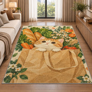 Cat in Grocery Bag rug in a bright living room with a sofa