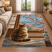 Cat Watching Sparrows rug in a bright living room with a sofa
