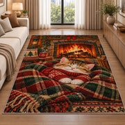 Sweater Kitten by Fireplace rug in a bright living room with a sofa