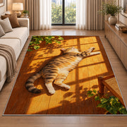 Tabby Cat Sunbathing rug in a bright living room with a sofa