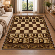 classic wooden chessboard rug in a bright living room with a sofa