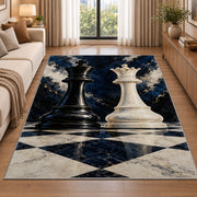 black king and white queen chess pieces rug in a bright living room with a sofa