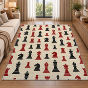 chess pieces pattern rug in a bright living room with a sofa