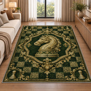 knight chess emblem rug in a bright living room with a sofa