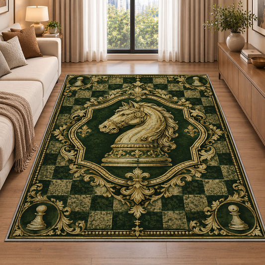 knight chess emblem rug in a bright living room with a sofa
