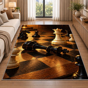checkmate chess scene rug in a bright living room with a sofa