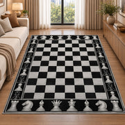 black and white chessboard rug in a bright living room with a sofa