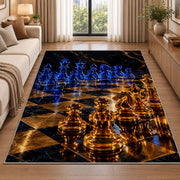 glowing glass chess pieces rug in a bright living room with a sofa
