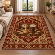 chess clock and chess pieces rug in a bright living room with a sofa