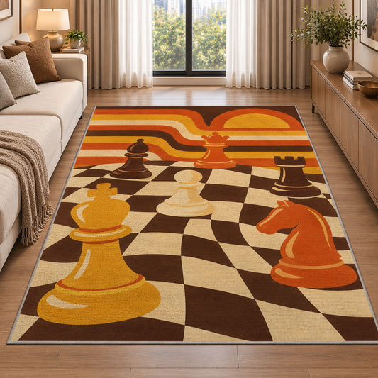 retro 70s chessboard rug in a bright living room with a sofa