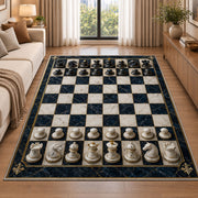 marble chessboard rug in a bright living room with a sofa
