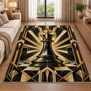 art deco chess king rug in a bright living room with a sofa