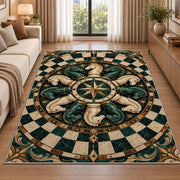 knight chess pieces mandala pattern rug in a bright living room with a sofa