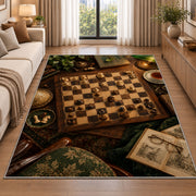 chessboard on a study desk rug in a bright living room with a sofa