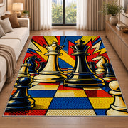 pop art chess king and queen rug in a bright living room with a sofa