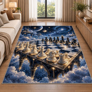 chessboard in the starry sky rug in a bright living room with a sofa