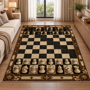 full chess set rug in a bright living room with a sofa