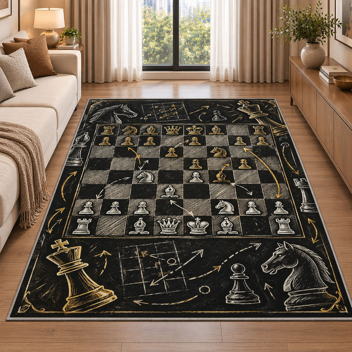 chalkboard chess strategy rug in a bright living room with a sofa
