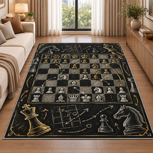 chalkboard chess strategy rug in a bright living room with a sofa