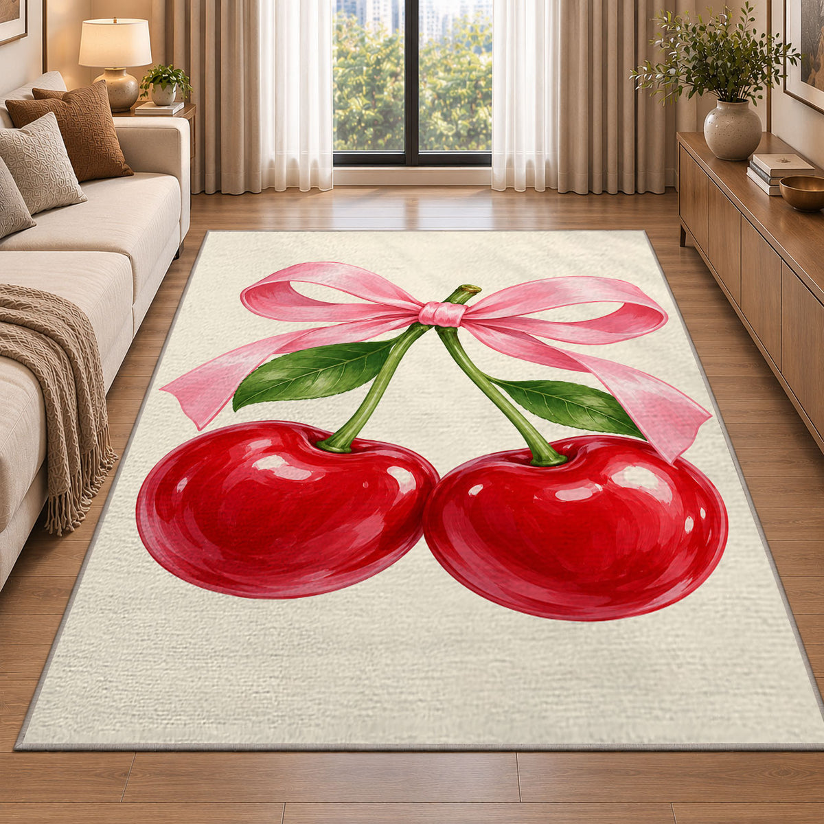 Cherry Bow Rug in a bright living room with a sofa