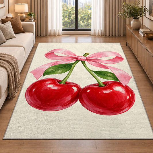 Cherry Bow Rug in a bright living room with a sofa