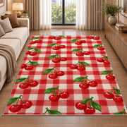 Gingham Cherry Rug in a bright living room with a sofa