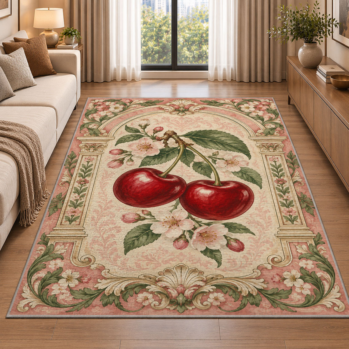 Cherry Arch Rug in a bright living room with a sofa