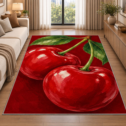 Giant Cherry Rug in a bright living room with a sofa