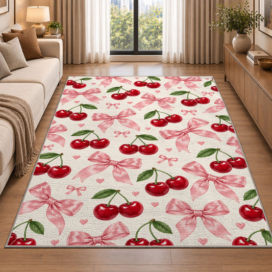 Cherry and Bow Pattern Rug in a bright living room with a sofa