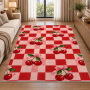 Checkered Cherry Rug in a bright living room with a sofa