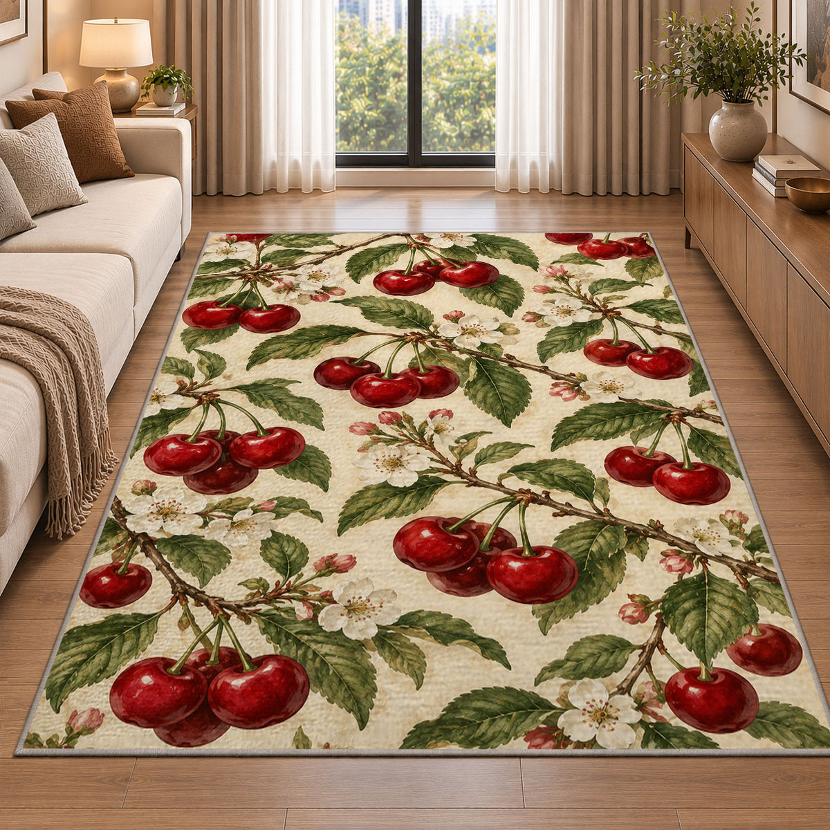 Vintage Botanical Cherry Rug in a bright living room with a sofa