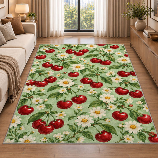 Cherry and Daisy Rug in a bright living room with a sofa